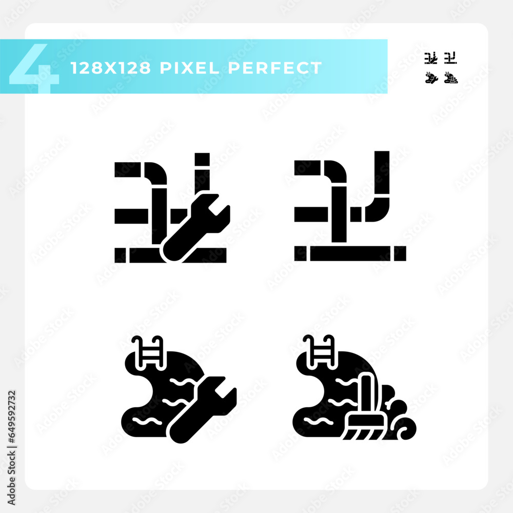 Pixel perfect icons set representing plumbing, glyph style illustration. Pixel perfect icons set representing plumbing, glyph style illustration.
