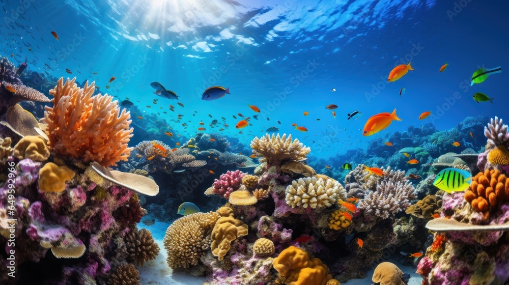 Colorful coral reef with schools of tropical fish swimming around. - obrazy, fototapety, plakaty 