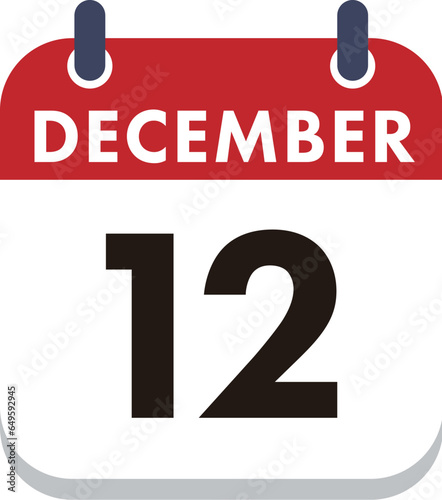 December 12 Calendar Icon. Flat style. Date, day and month.