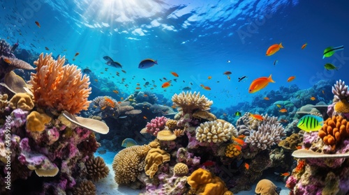 Colorful coral reef with schools of tropical fish swimming around.