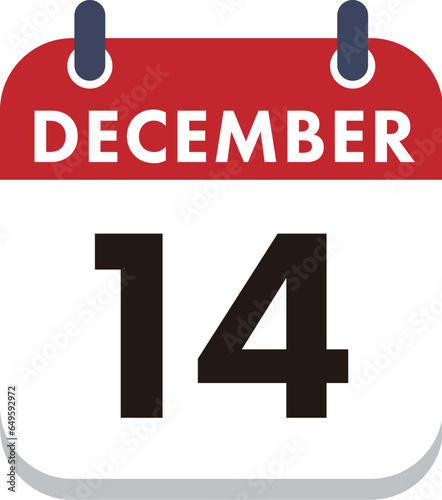 December 14 Calendar Icon. Flat style. Date, day and month.