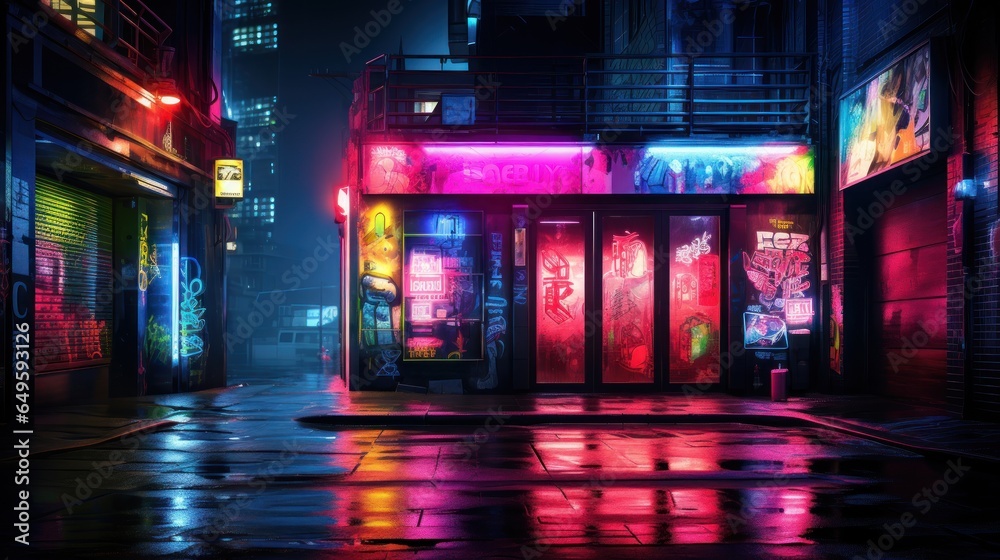 A burst of neon hues against a midnight backdrop, embodying the energy and vibrancy of urban nightlife.