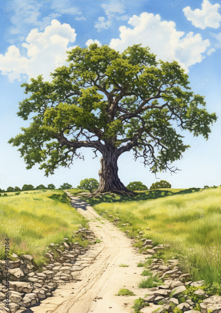Alone tree in green field with blue sky. illustrative Alone tree in green field with blue sky. illustrative