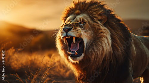 A lion in mid-roar with mane flowing