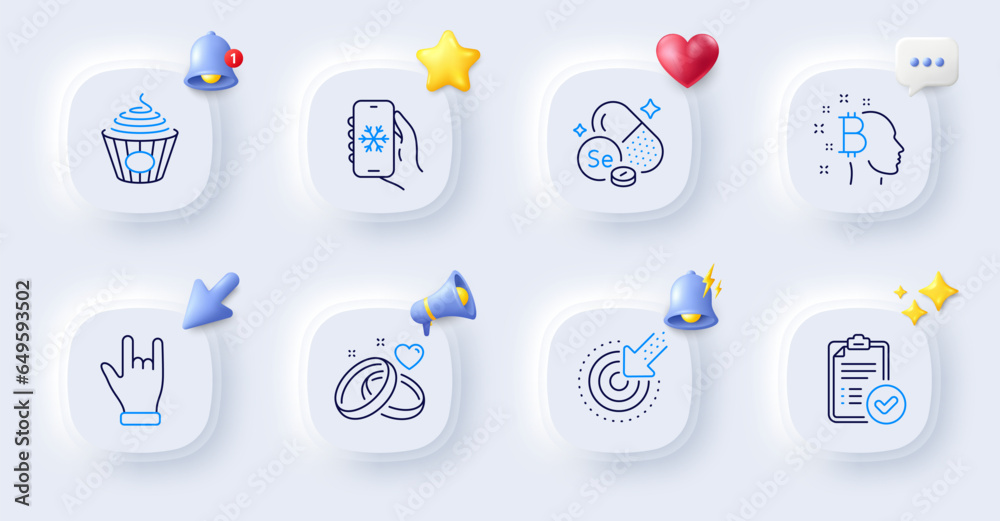 Horns hand, Bitcoin think and Targeting line icons. Buttons with 3d bell, chat speech, cursor. Pack of Selenium mineral, Approved report, Pasta icon. Marriage rings, Air conditioning pictogram. Vector Horns hand, Bitcoin think and Targeting line icons. Buttons with 3d bell, chat speech, cursor. Pack of Selenium mineral, Approved report, Pasta icon. Marriage rings, Air conditioning pictogram. Vector