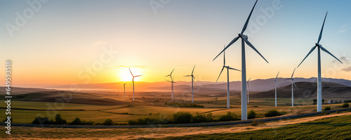 Wind farm at sunrise color landscape background.