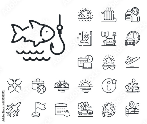 Fish and hook sign. Plane jet, travel map and baggage claim outline icons. Fishing line icon. Catch seafood symbol. Fishing line sign. Car rental, taxi transport icon. Place location. Vector