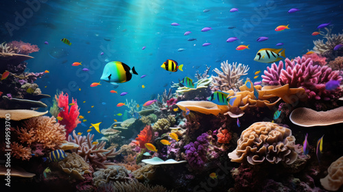 A vibrant coral reef teeming with colorful fish, anemones, and a gliding manta ray captured underwater.