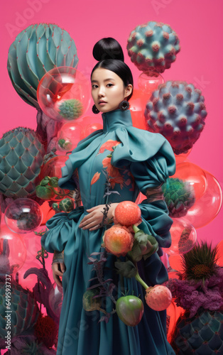Asian woman in stylish extravagant dress with cacti and balloons. Contrasting concept background. Ai generated image.