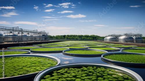 Algae Biofuel Production Tanks Under a Clear Blue Sky. photo