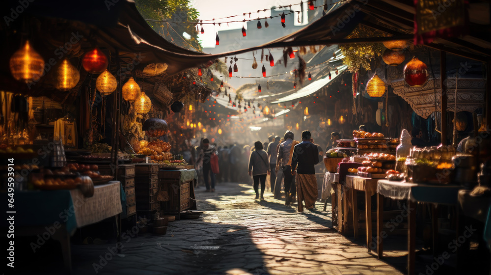 Street Market with Colorful Stalls and Shadowed Alleyways.
