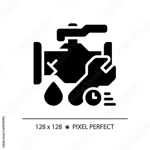 2D pixel perfect glyph style pipe leakage with time and wrench icon, isolated vector, simple silhouette illustration representing plumbing.