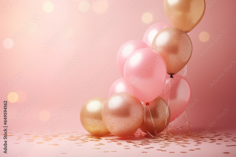 Festive backdrop decorated with pink and gold balloons and confetti, perfect for celebrating birthdays, weddings, holidays and other joyful occasions.