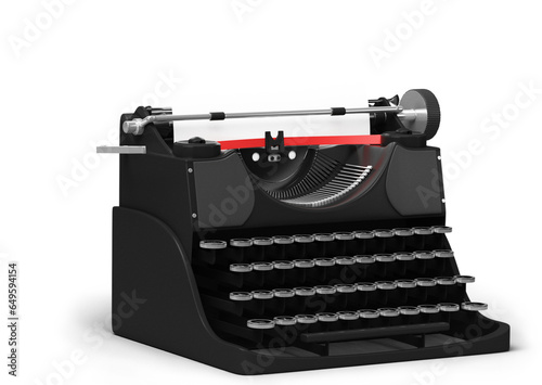 An old typewriter with white sheet isolated on white background.