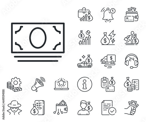 Banking currency sign. Cash money, loan and mortgage outline icons. Cash money line icon. ATM service symbol. Cash money line sign. Credit card, crypto wallet icon. Inflation, job salary. Vector