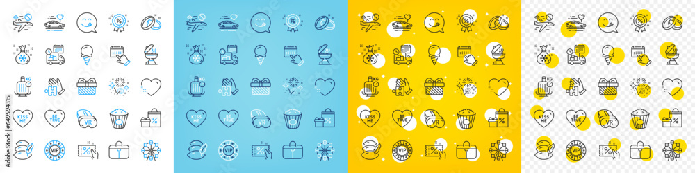 Vector icons set of Ice cream, Grill and Puzzle line icons pack for web with Wedding rings, Be true, Event click outline icon. Honeymoon travel, Delivery, Shopping pictogram. Vector