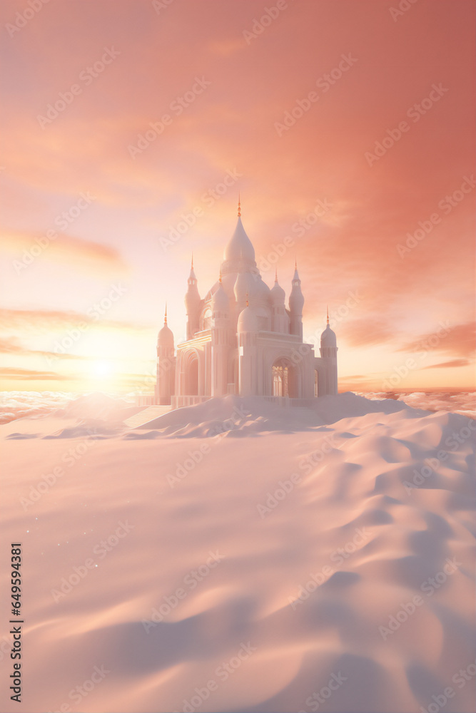mosque in the northern at sunset, aurora, snow mountain, moon and stars, long shot, hyper realistic, dramatic light, create using generative AI tools