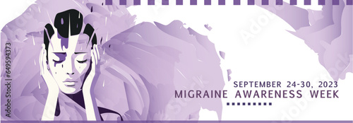 Migraine awareness week in September 2023 banner with purple colors and woman with headache. Vector concept design for disease support and healthcare