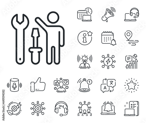 Repairman service sign. Place location, technology and smart speaker outline icons. Spanner tool line icon. Fix instruments symbol. Repairman line sign. Influencer, brand ambassador icon. Vector