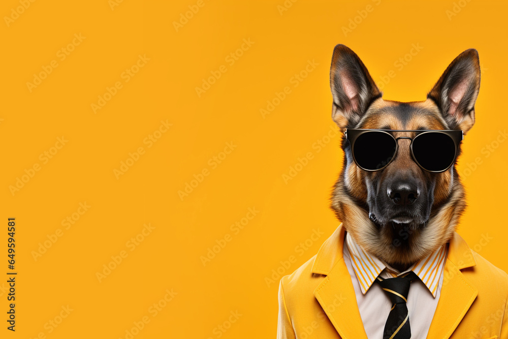 Funny dog wearing glasses with funky suite, jacket and tie  copy space for text, Banner concept for animal and funny memes  - obrazy, fototapety, plakaty 