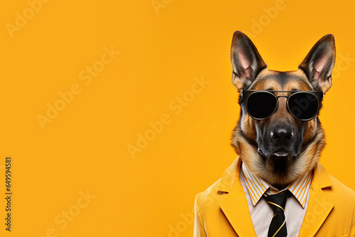 Funny dog wearing glasses with funky suite, jacket and tie  copy space for text, Banner concept for animal and funny memes 