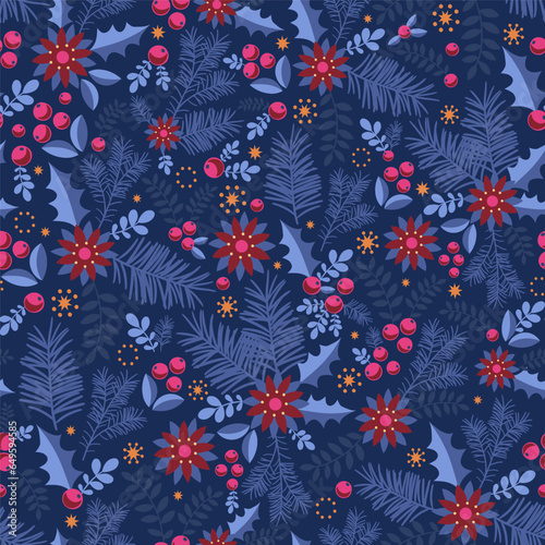 Christmas seamless pattern with red berries, holly leaves, fir and twigs on a blue background. Scandinavian style. Perfect for winter holidays, Christmas wallpaper, wrapping paper, fabric.
