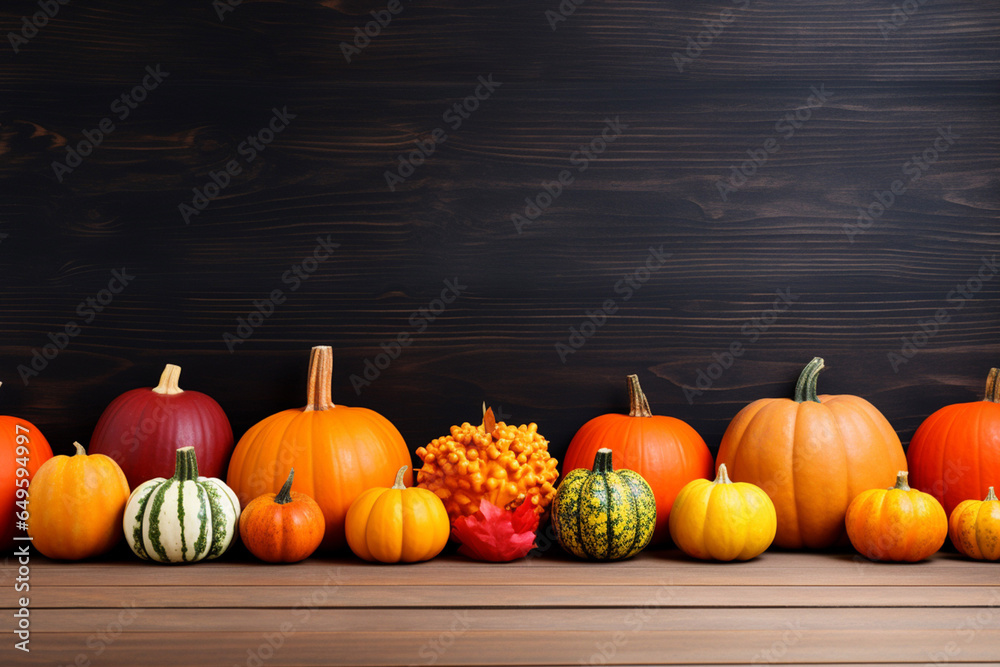Pumpkins on a wooden table with copy space