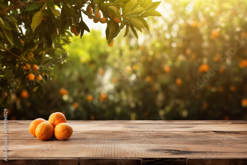 Old wooden board table copy space with orange trees. Banner ads concept for product display