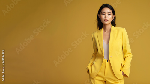 A young brunette woman in yellow clothing stands against a solid yellow background. Studio. Isolated yellow background. © Roxy jr.