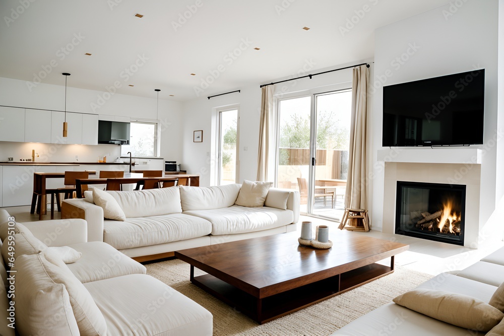 Contemporary Minimalism Curved Sofa and Arched Window in a Modern Living Room with Beige Wall