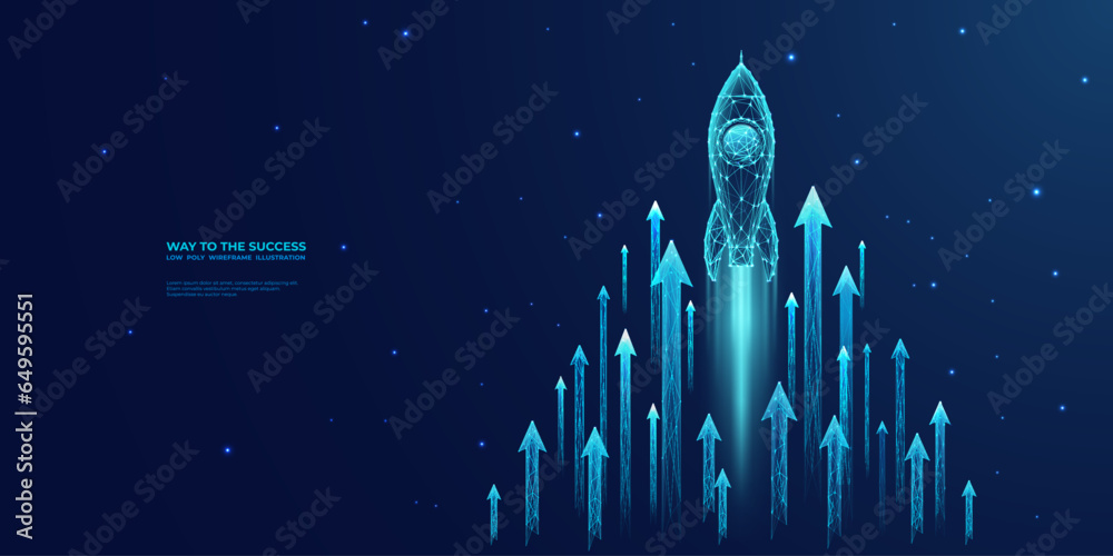 Digital growth arrows up and abstract rocket launch on dark blue technology background. Glowing connected dots and lines. Boosting and Rapid growth concepts. Low poly wireframe vector illustration. - obrazy, fototapety, plakaty 