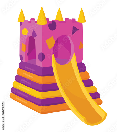 Inflatable bouncy slide icon. Bright and fun playground for childhood activity in the park. Summer amusement activity space. Equipment for kids, vector illustration