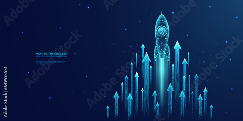 Digital growth arrows up and abstract rocket launch on dark blue technology background. Glowing connected dots and lines. Boosting and Rapid growth concepts. Low poly wireframe vector illustration. photo