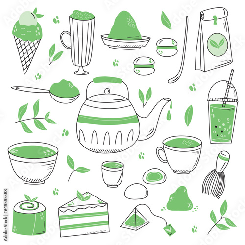 Matcha tea. Vector set of organic tea matcha powder, tea leaves, teapot, macarons, spoon, traditional cup, whisk, tools for Japanese ceremony. Matcha green tea ceremony. Doodle style.