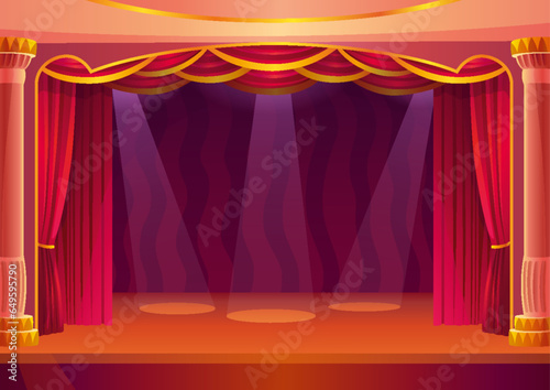 Theater stage with red curtains and spotlights. Theatre interior with empty wooden scene and luxury drapes decoration with bushes. Vector cartoon illustration