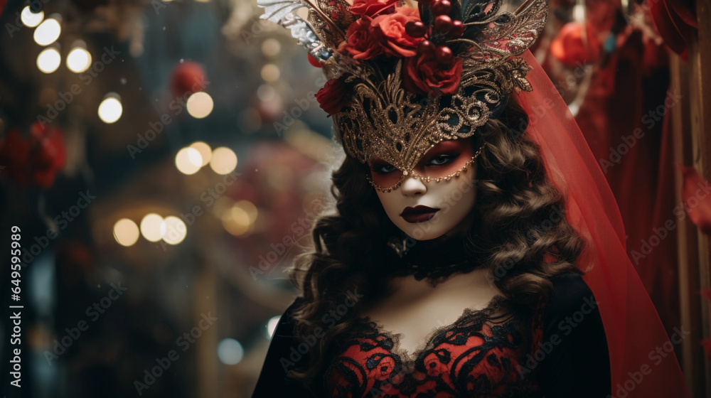 Girl in a carnival costume. Red lips. Carnival mask. Feathers.