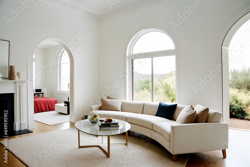 Minimalist Elegance Curved White Sofa in a Room with Arch, Modern Living Room Interior Design