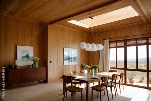 Minimalist Modern Dining Room Abstract Wood Paneling and Arched Wall Interior Design