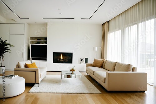 Modern Living Room Interior Minimalist Luxury with White Sofa Against TV Unit in a Home or Hotel Setting