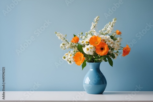 Orange Glass and White Ceramic Vase with Field Flower Bouquet Against Blue Wall