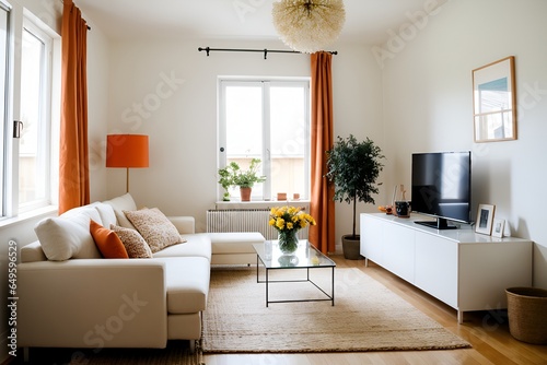 Scandinavian Modern Living Room Orange Glass and White Ceramic Vase with Field Flower Bouquet Against Blue Wall  Offering Copy Space
