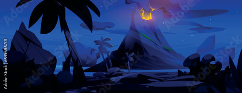 Volcano eruption and lava cartoon landscape vector night background. Volcanic explosion with fire and magma scene. Ancient earth jurassic nature environment. Palm forest panoramic prehistoric picture