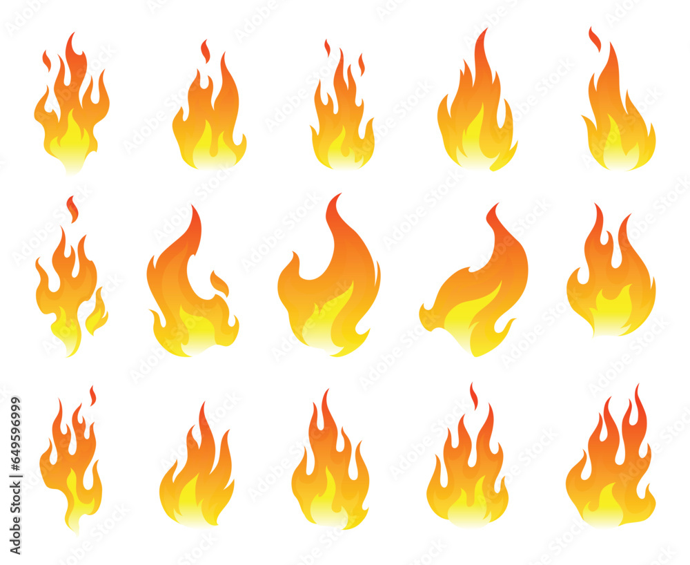 Fire flames icon set. Cartoon heat wildfire or bonfire, burn power fiery. Power light energy silhouettes. Campfire element in flat style. Isolated vector illustration Fire flames icon set. Cartoon heat wildfire or bonfire, burn power fiery. Power light energy silhouettes. Campfire element in flat style. Isolated vector illustration