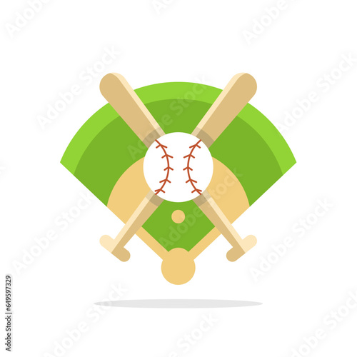 Baseball field icon. Flat illustration of baseball field with ball and bat vector icon