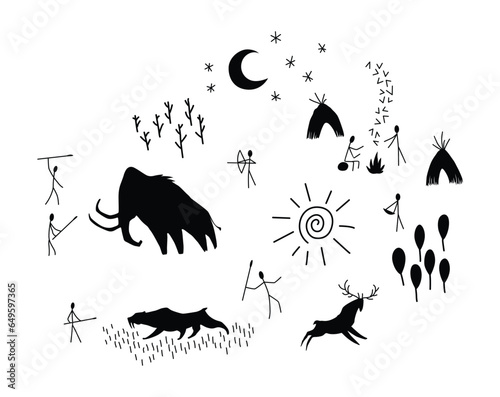 Prehistoric cave paintings. Old drawings of primitive people, stone age art. Ancient history and archeology. Primitive caveman sketch. Vector cartoon Illustration