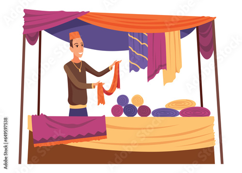 Asian street market or bazaar in old eastern city. Cartoon vendors selling in local marketplace. Sellers at counters or traditional retailing