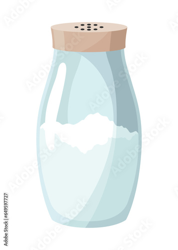 Salt icon. Glass jar, saltcellar with kitchen seasoning, flavoring for sprinkling spicy powder. Ingredient, condiments for food. Vector illustration of spice powder food