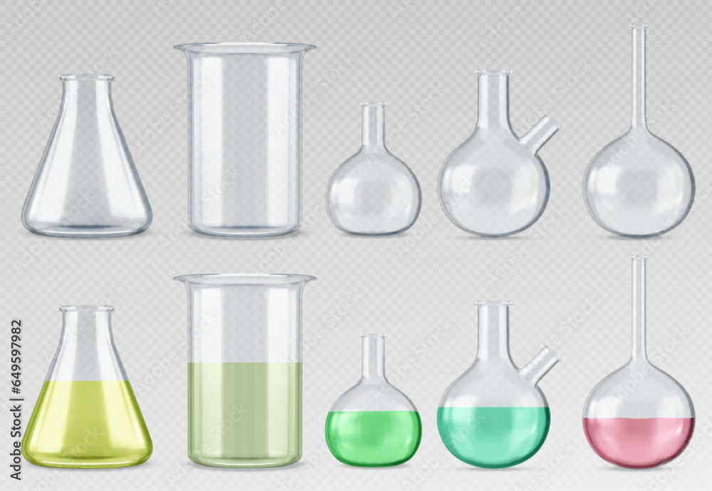 Empty and full lab glassware set isolated on transparent background. Vector realistic illustration of laboratory beaker, flasks, tubes filled with color liquid substance, scientific test experiment Empty and full lab glassware set isolated on transparent background. Vector realistic illustration of laboratory beaker, flasks, tubes filled with color liquid substance, scientific test experiment