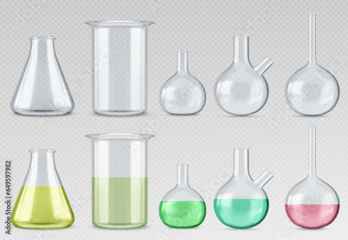 Empty and full lab glassware set isolated on transparent background. Vector realistic illustration of laboratory beaker, flasks, tubes filled with color liquid substance, scientific test experiment