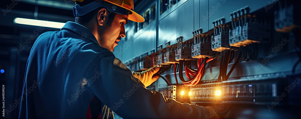 Electrician installing electrical switch box on wall in factory. - obrazy, fototapety, plakaty 